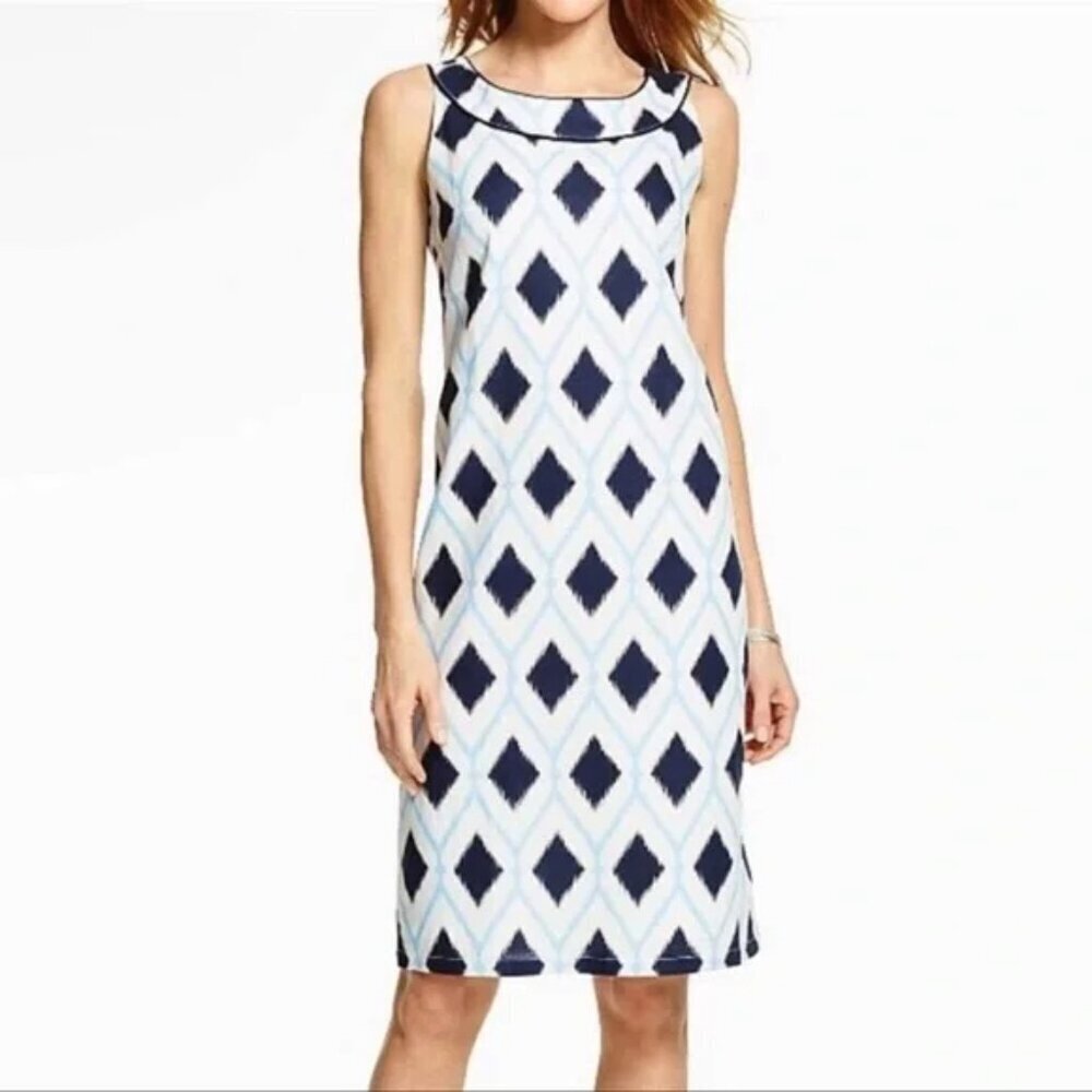 Talbots Blue White Linen Blend Sleeveless Knee Length Shift Dress in Size 16